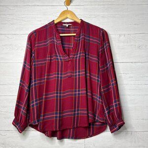 Lucky Brand Blouse Womens SZ Small Burgundy Plaid Flannel Pintuck Pleat Peasant